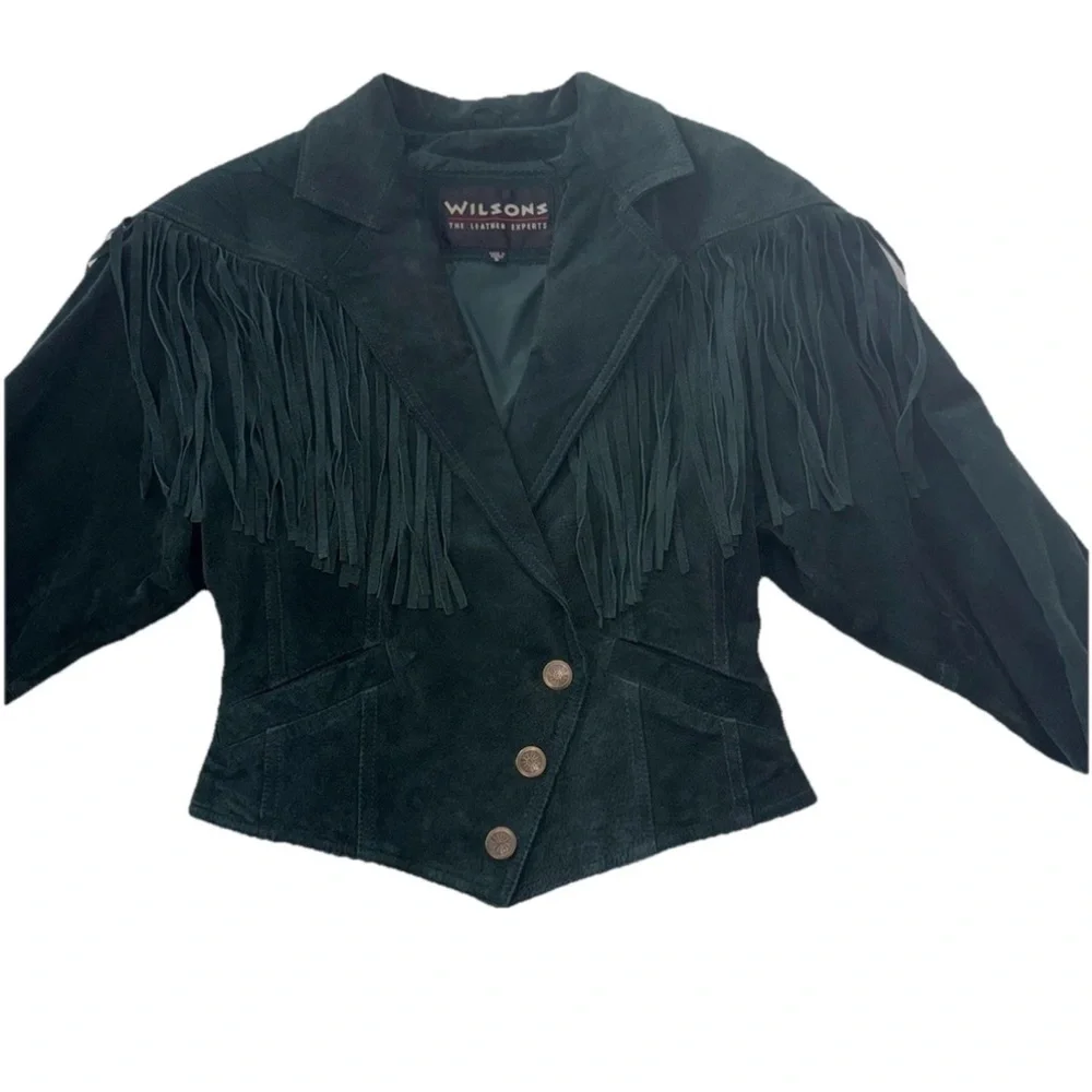 Vintage 90s Wilson Leather Womens fringe Suede Emerald Forest Green Jacket S - Picture 4 of 12